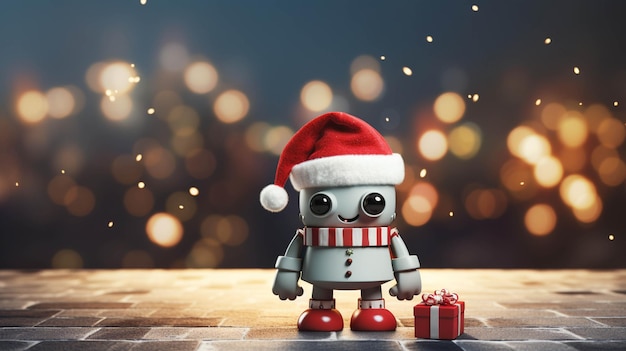 Foto robô bonito com chapéu de natal em fundo de bokeh de natal