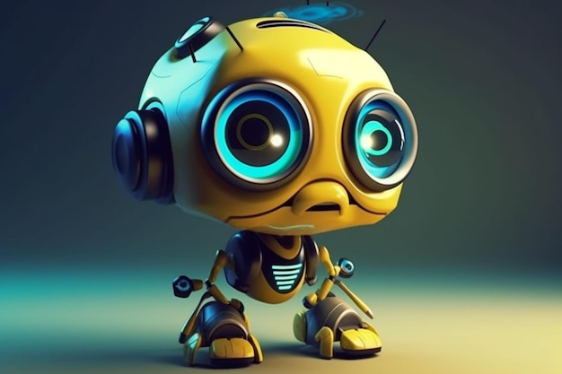 Robô bonito dos desenhos animados com ilustração de renderização 3d de olhos grandes