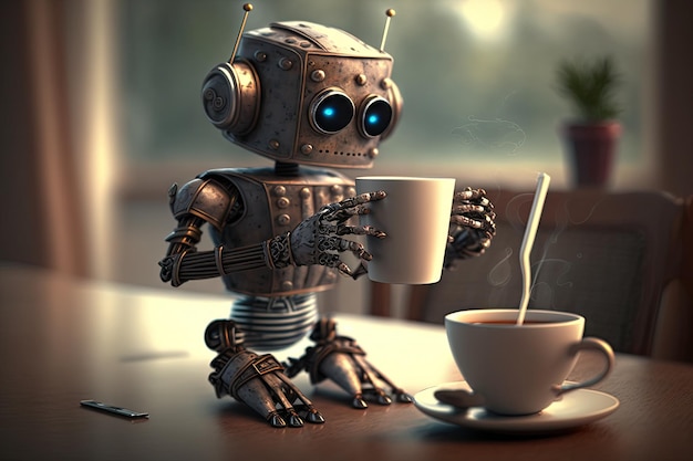Robô bonito está trabalhando em uma apresentação enquanto desfruta de uma xícara de café quente