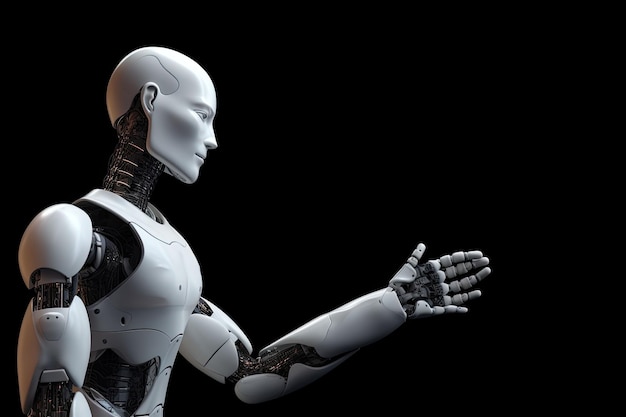 Robô branco ultra realista estende a mão como uma saudação IA generativa