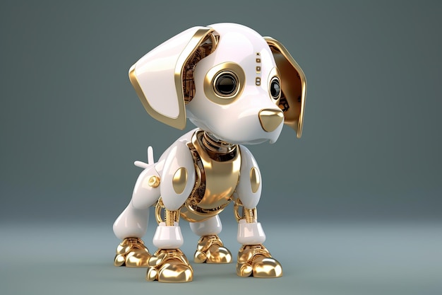 Robô cão adorável de alta tecnologia em branco e dourado