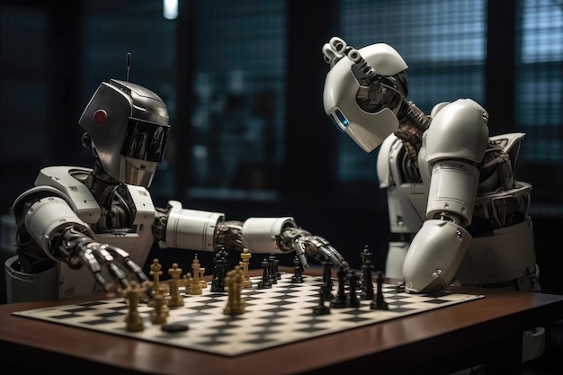 Robô com tabuleiro de xadrez montado na cabeça jogando xadrez contra  oponente humano enquanto está sentado à mesa ia generativa