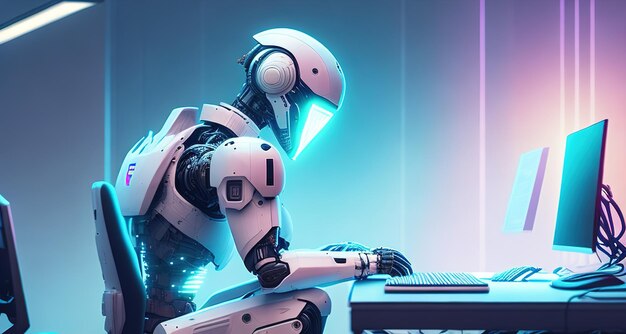 Robô com trabalho de computador no escritório