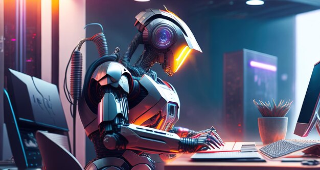 Robô com trabalho de computador no escritório