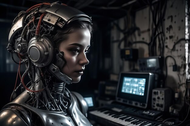 robô cyborg em uma sala abandonada criado com software de IA generativa