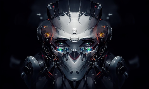 Robô cyborg humanóide rosto crânio tecnológico cyborg cabeça Futurista metálico ficção científica masculino Fantástico ilustração 3d