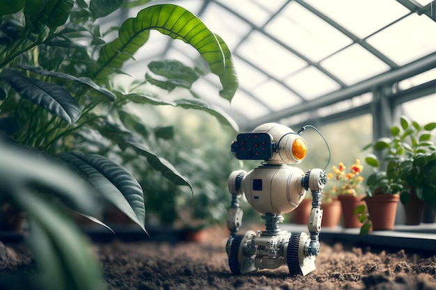 Robô de agricultura robótica trabalhando em estufa AI gerado