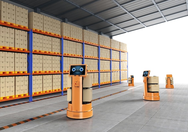 Robô de armazém ou assistente robótico carrega caixas