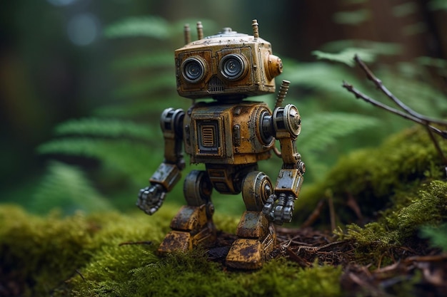 Robô de brinquedo esquecido coberto de folhas e musgo