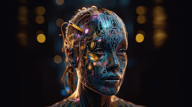 Robô de cabeça androide futurista com características faciais humanas distintas IA generativa