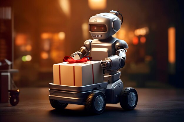 Robô de entrega carregando um presente de Natal gerado por IA