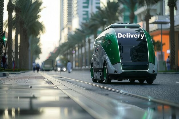 Robô de entrega moderno entregando pacotes pela cidade autômato inteligente