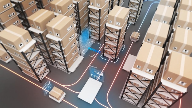 Robô de entrega pega uma linha de mercadorias usando automação no gerenciamento de produtos Conectando armazém e tecnologiavista superiorRenderização em 3D