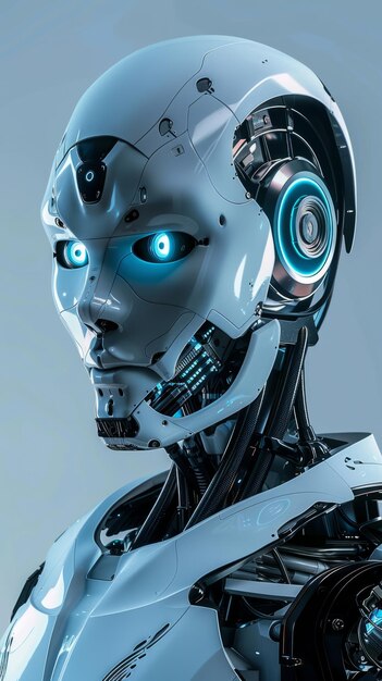 Robô de inteligência artificial avançada com olhos azuis brilhantes