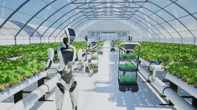 Robô de inteligência artificial colhendo morango na estufa em renderização 3D