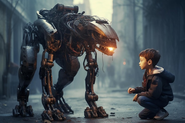 Robô de inteligência artificial com um menino sentado na rua