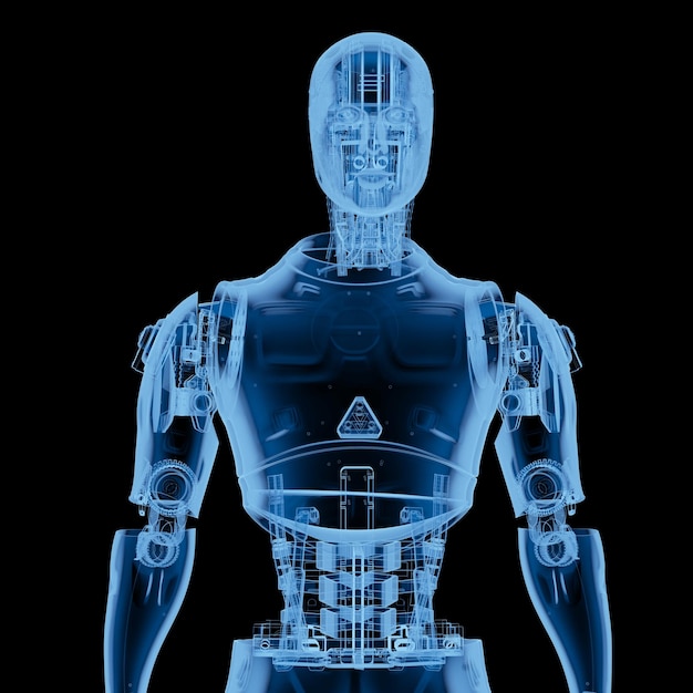 Foto robô de inteligência artificial de raio x de renderização 3d ou ciborgue isolado em preto