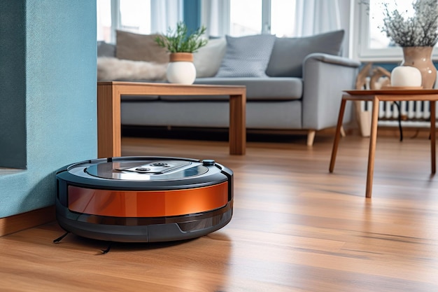 Robô de limpeza a vácuo do chão de madeira dura em sala de estar moderna criada com IA gerativa
