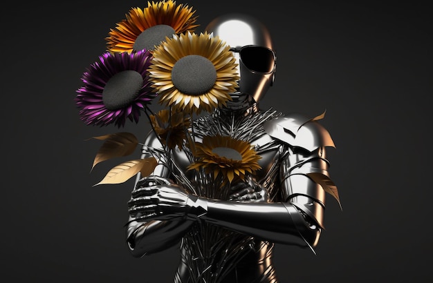 Robô de metal com um buquê de flores cumprimentando ilustração de presente Generative AI