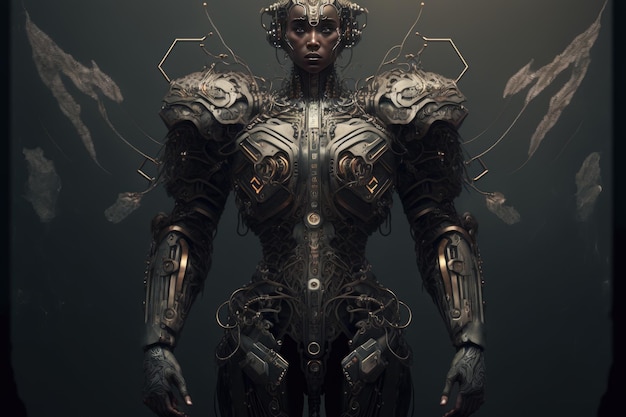 Robô de mulher incrível em fundo escuro usando uma armadura de guerreiro de metal Generative AI