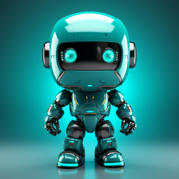 Robô de olhos brilhantes em fundo azul com proporções de brinquedo com detalhes hiper-realistas