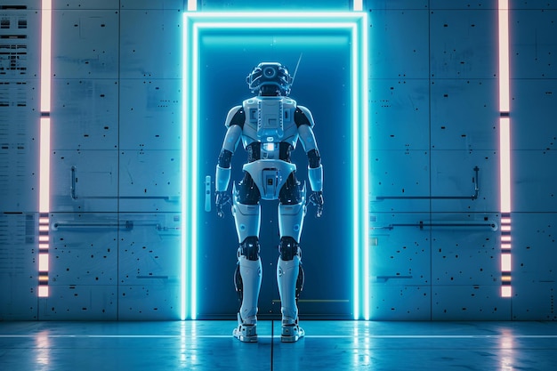 robô de pé em frente a uma porta que diz robô robô caminhando através da porta do futuro scifi futurista