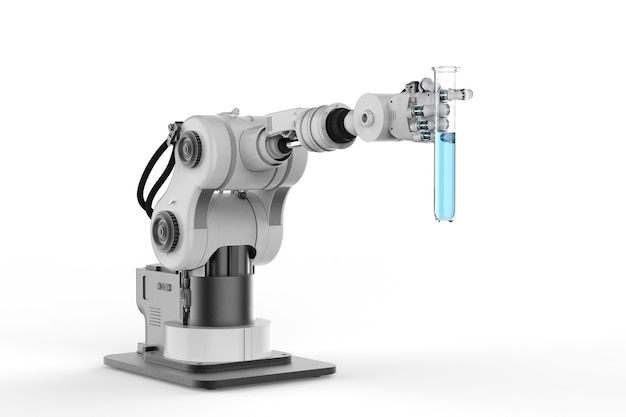 Robô de renderização 3D segurando tubo de ensaio com líquido azul