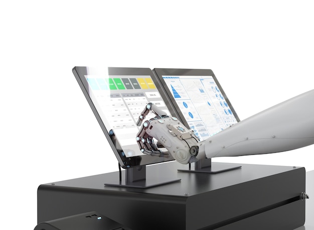 Foto robô de renderização 3d trabalhando na tela do monitor na fábrica