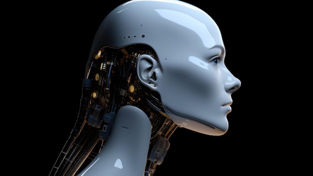 Robô de rosto feminino android Interface Neuro Link para o mundo da inteligência artificial Conceito visual de IA generativa