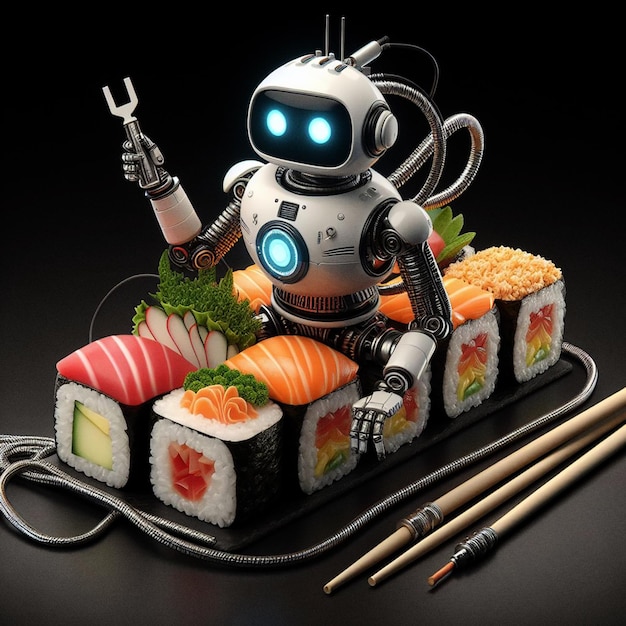 robô de sushi renderização 3D