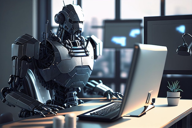 Robô de tecnologia de inteligência artificial AI chatbot trabalhando no laptop aprendendo e respondendo a perguntas Generative ai