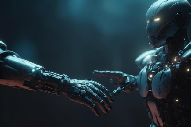 Robô e homem mãos no aperto de mão tecnologia ai holográfica imagem gerada por IA