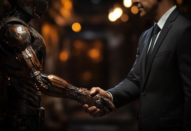 Foto robô e homem mãos no desenvolvimento de tecnologia ai de aperto de mão e relacionamentos de robôs humanos realistas