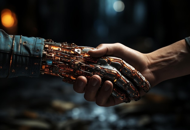 Robô e homem mãos no desenvolvimento de tecnologia AI de aperto de mão e relacionamentos de robôs humanos realistas