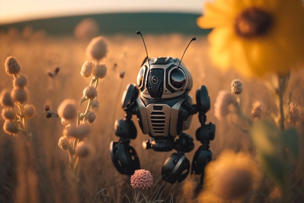 Robô em um prado entre ilustração de flores Generative AI