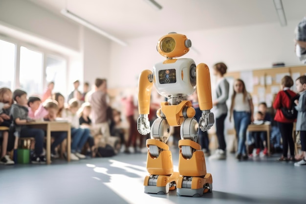 Robô ensinando em uma sala de aula moderna