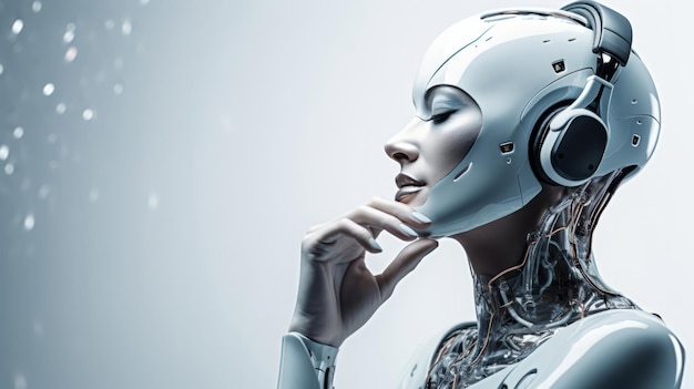 Robô feminino futurista android retrato características humanas em pano de fundo branco usando tecnologia de IA
