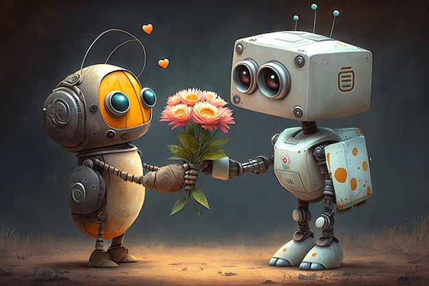 Robô fofo apresenta buquê de flores para ente querido
