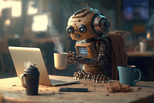 Robô fofo com café e laptop trabalhando em seu próximo romance no café aconchegante