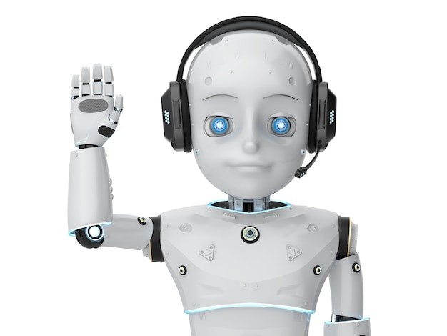 Robô fofo de renderização 3D ou robô de inteligência artificial com saudação de personagem de desenho animado