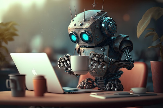 Robô fofo desfrutando de uma xícara de café em um café aconchegante trabalhando no laptop