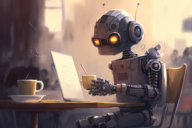 Robô fofo em um café com laptop escrevendo código e tomando café