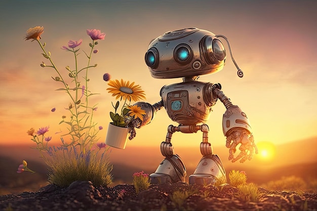 Robô fofo regando flores no jardim com vista para o pôr do sol