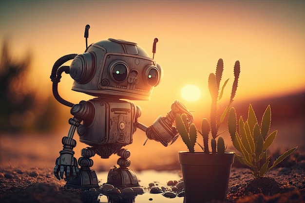 Robô fofo regando plantas no jardim com vista para o pôr do sol