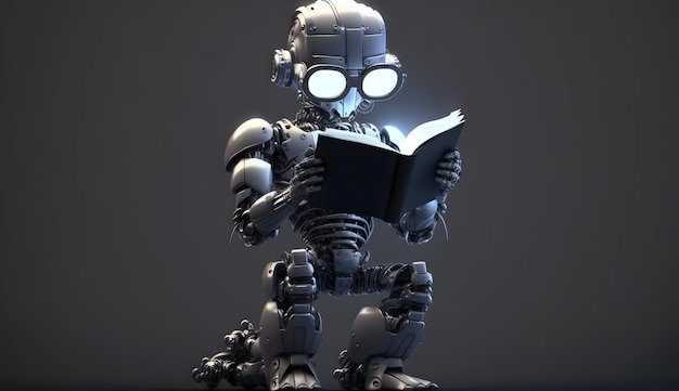 Robô futurista com livro de engenharia de leitura de IA forte na sala escura de cyber steampunk com renderização de octanagem altamente detalhada