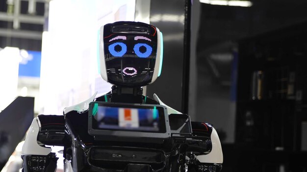 Robô futurista com mídia de rosto eletrônico robô falante engraçado com expressão facial fofa