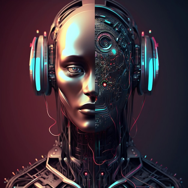 Robô futurista de inteligência artificial com fones de ouvido AI generative