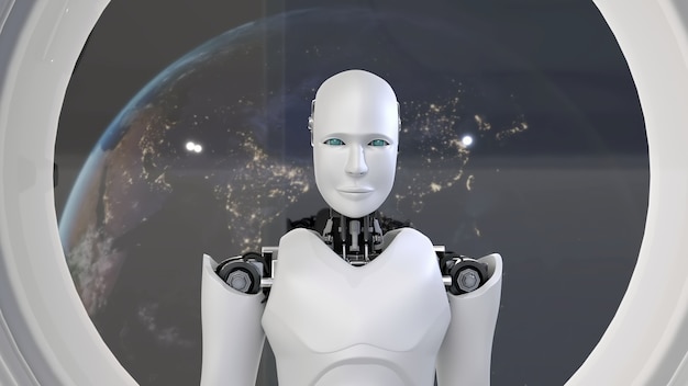 Robô futurista, inteligência artificial CGI dentro de uma nave espacial no universo espacial