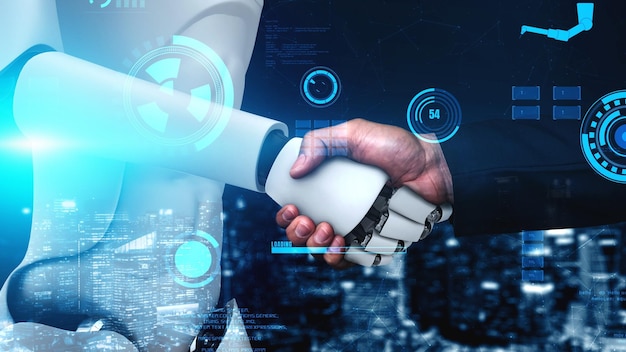 Robô futurista inteligência artificial huminoide AI para fábrica industrial