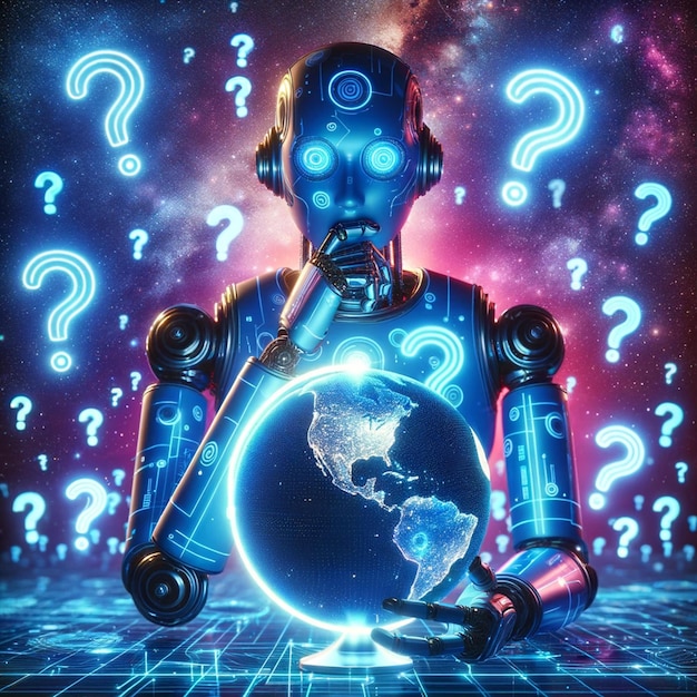 Foto robô futurista ponderando com o globo digital